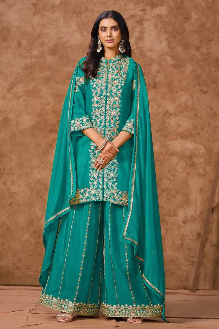 Turquoise blue embroidery,sequins & zari work chinon silk straight palazzo suit-free size stitched (size upto 42")