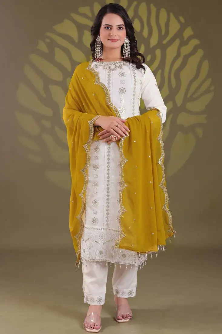 Off white zari embroidery, sequins & beads work gerogette straight pant suit-free size stitched (size upto 42")