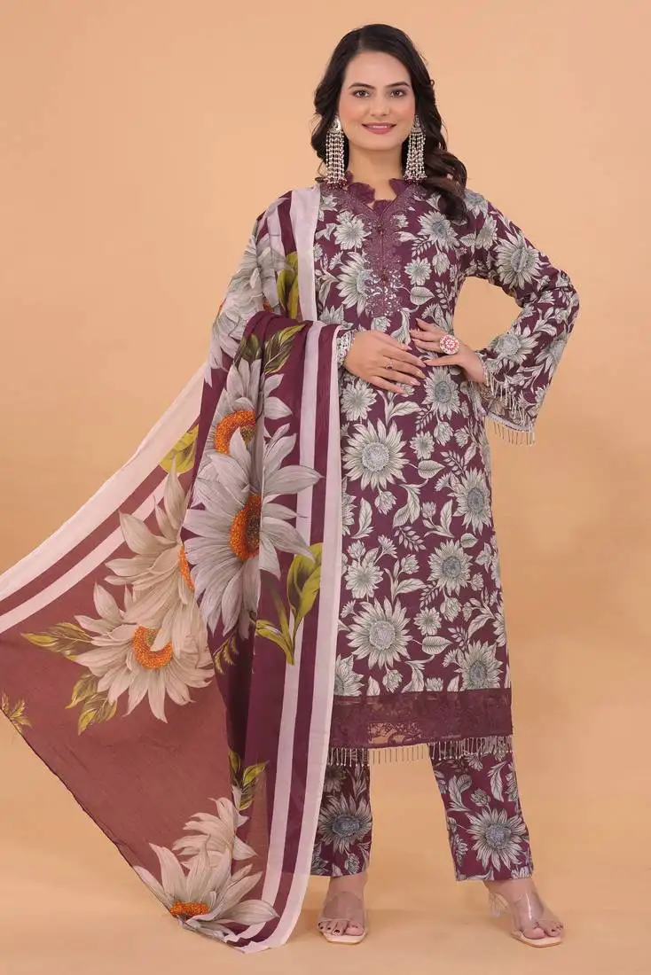 Purple lace patti beads & floral printed work cotton straight pant suit-free size stitched (size upto 42")