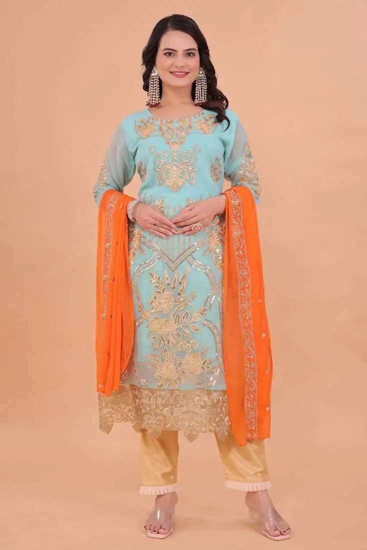 Turquoise blue zari embroidery & sequins work gerogette straight pant suit-free size stitched (size upto 42")