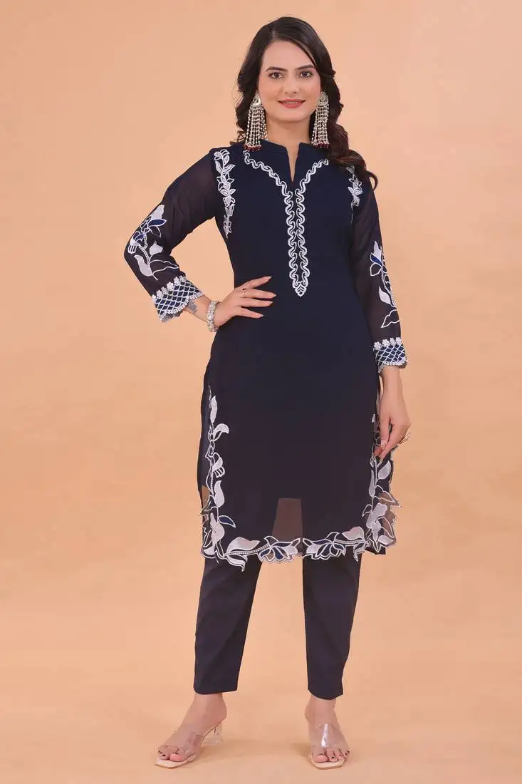 Navy blue thread embroidery work gerogette straight pant suit-free size stitched (size upto 42")
