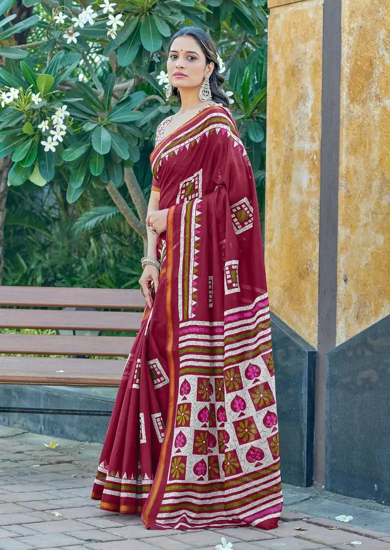 Maroon mulmul cotton printed zari border saree with unstitched blouse piece