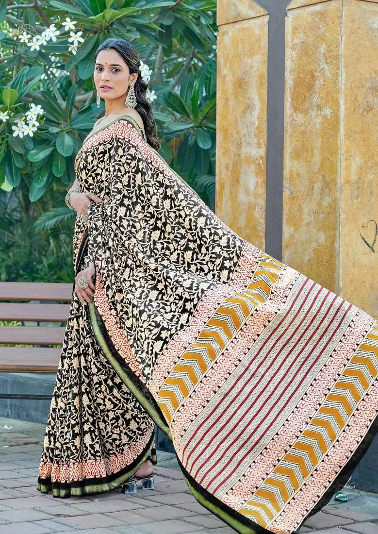 Black mulmul cotton printed zari border saree with unstitched blouse piece