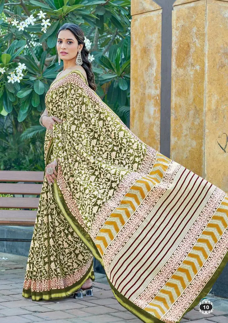 Green mulmul cotton printed zari border saree with unstitched blouse piece