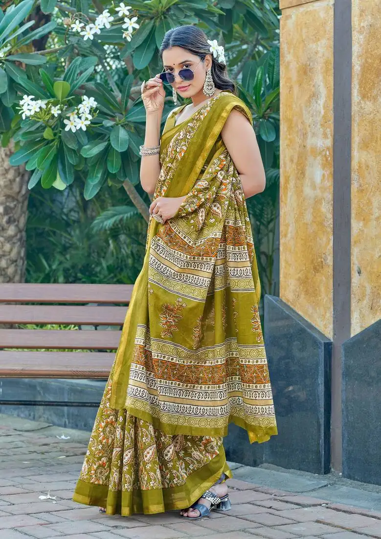Green cotton printed zari border saree with unstitched blouse