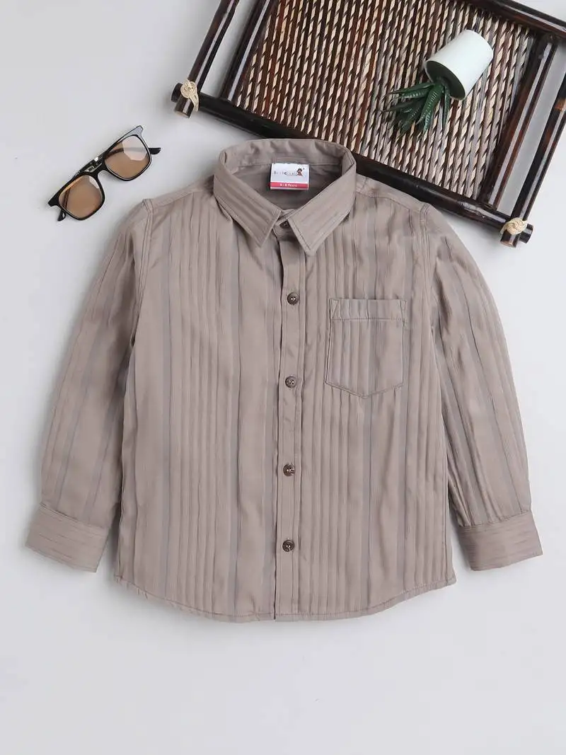 Beige cotton double cloth full sleeves mandarin collar mandarin collar shirt for boys