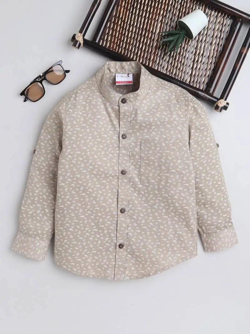 Beige cotton full sleeves abstract print mandarin collar shirt for boys