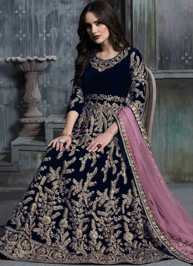 Blue velvet resham embroidered anarkali suit semi stitched