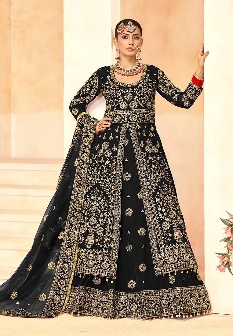 Black embroidered velvet designer long lehenga choli