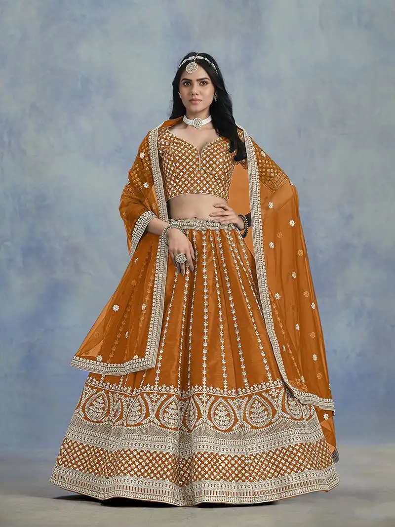 Art silk embroidered orange designer lehenga choli