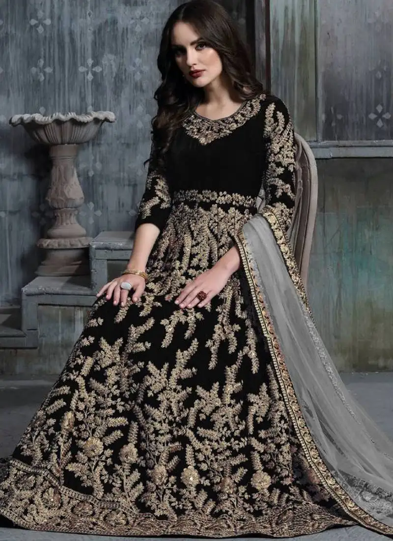 Black velvet resham embroidered anarkali suit semi stitched