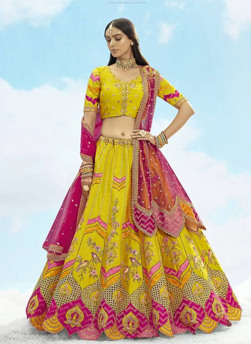 Yellow & pink silk heavy embroidered bridal lehenga choli