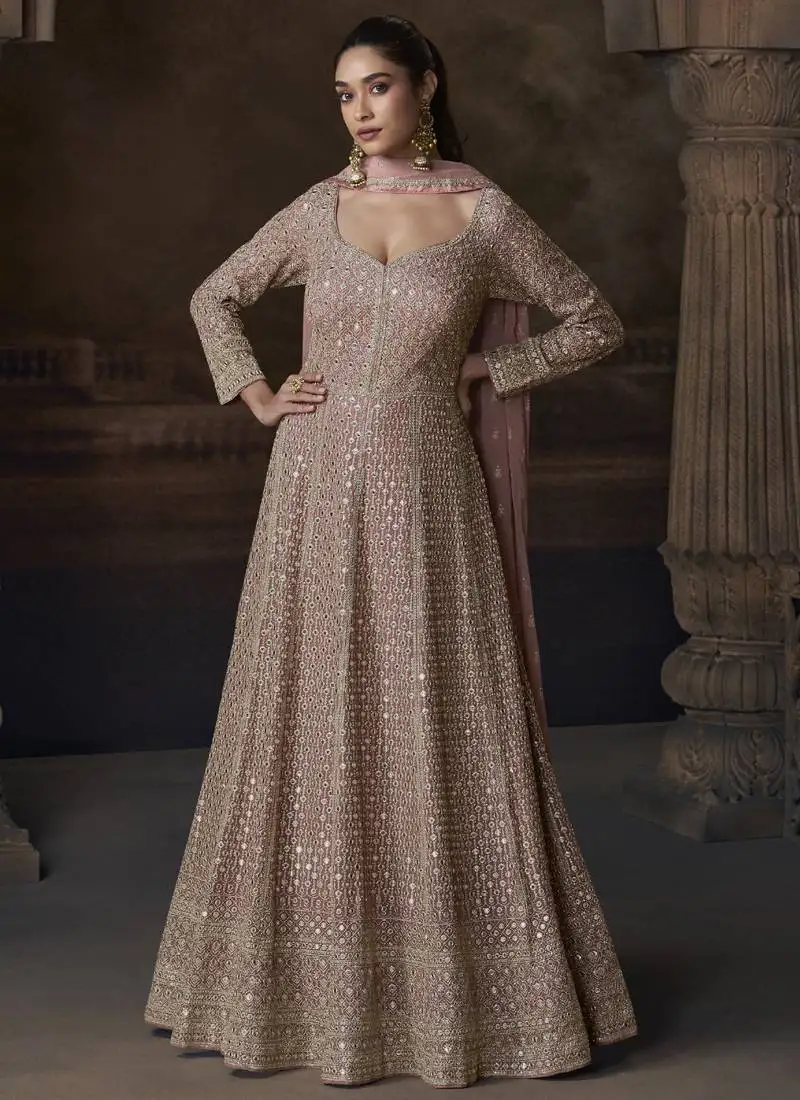 Peach georgette embroidered designer anarkali suit stitched
