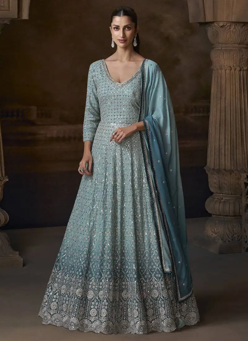 Sky blue georgette embroidered designer anarkali suit stitched