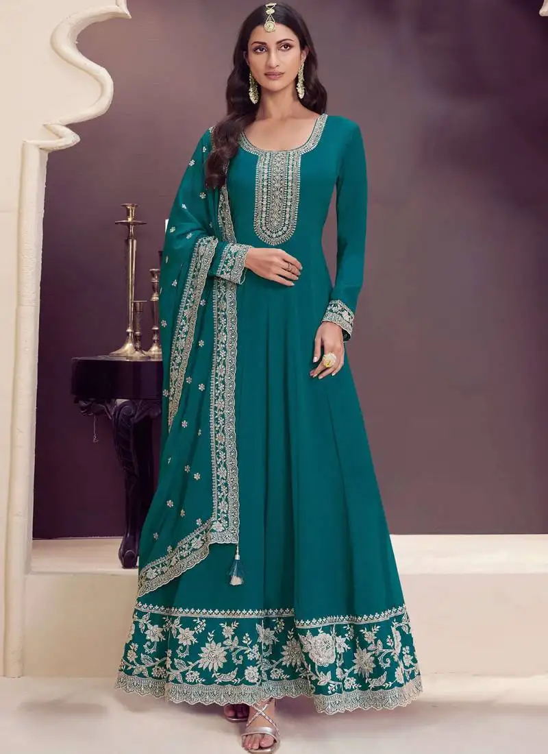Rama green chinon embroidered designer anarkali suit stitched