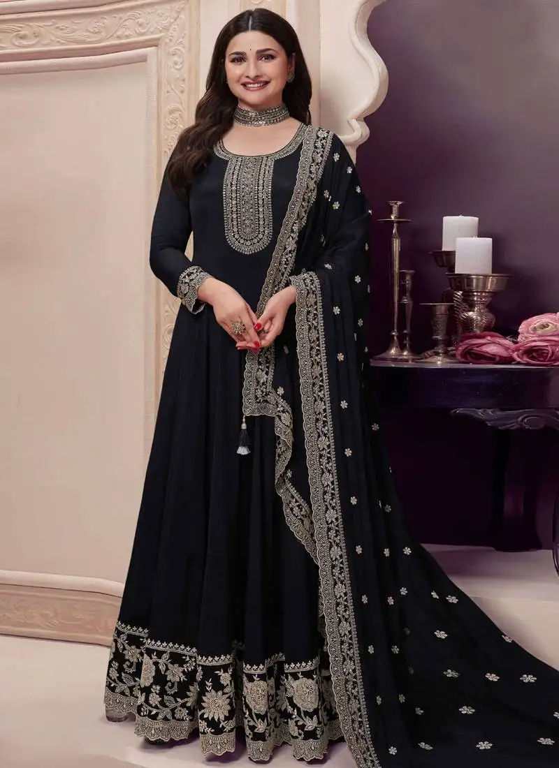 Black chinon embroidered designer anarkali suit stitched