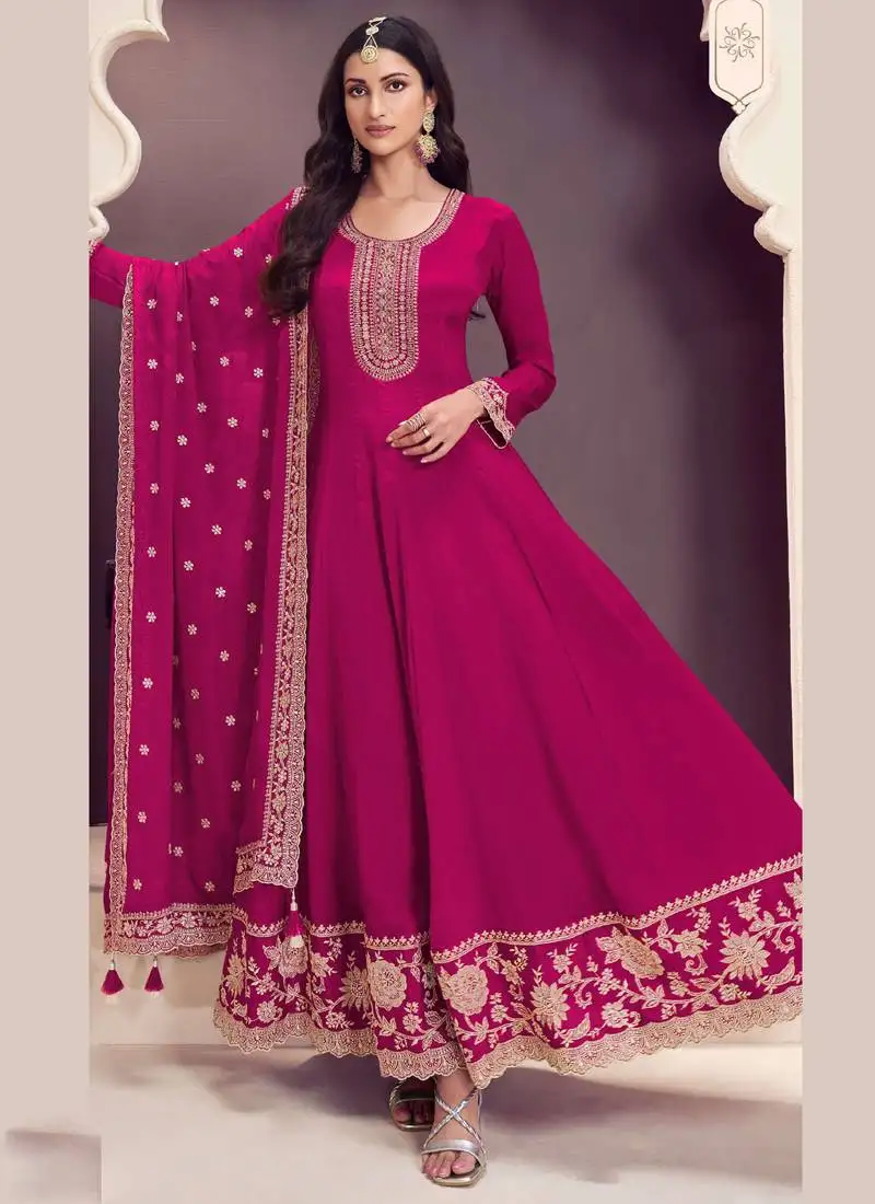 Pink chinon embroidered designer anarkali suit stitched