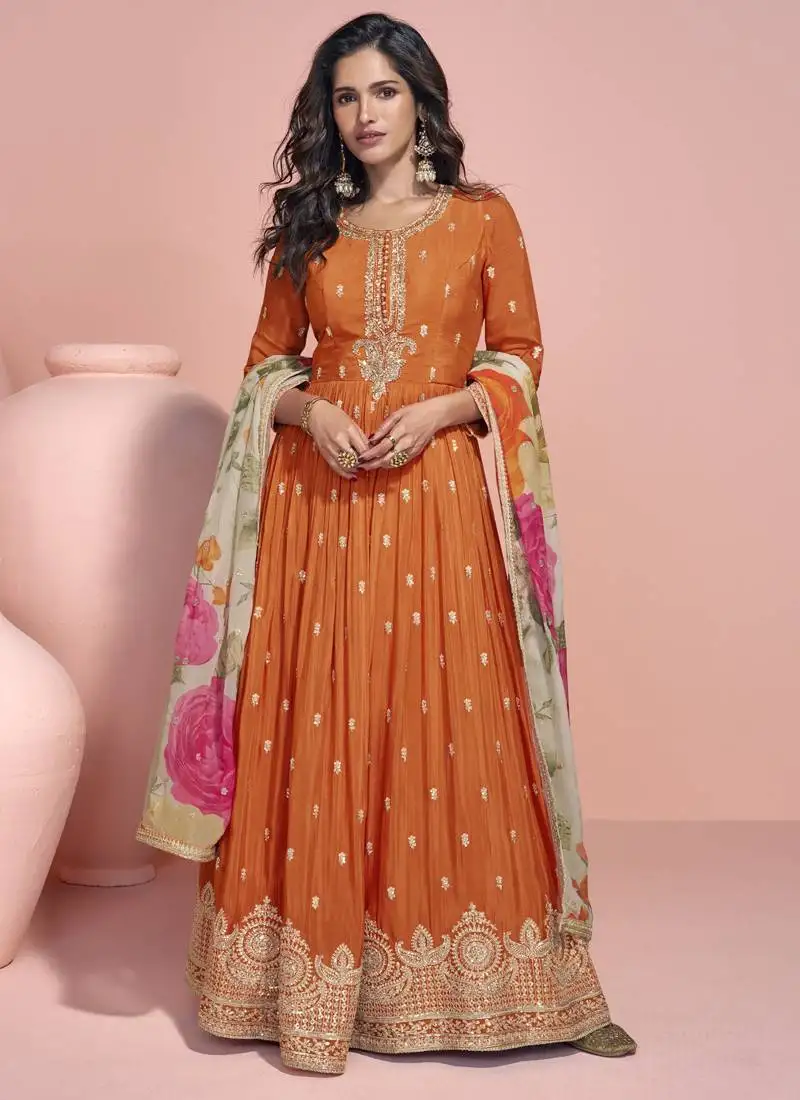 Orange chinon silk embroidered designer anarkali suit stitched