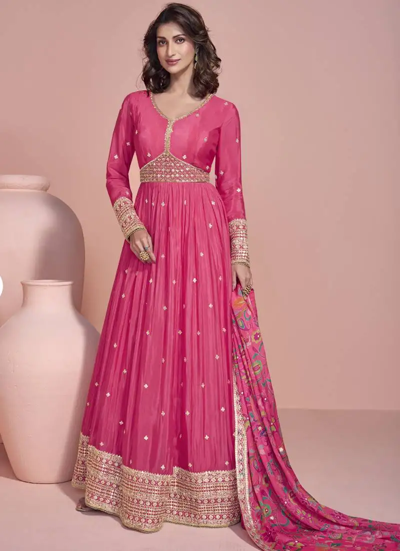 Pink chinon silk embroidered designer anarkali suit stitched