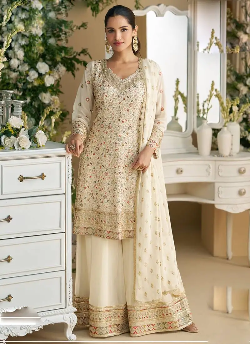 Off white georgette embroidered designer palazzo suit semi stitched