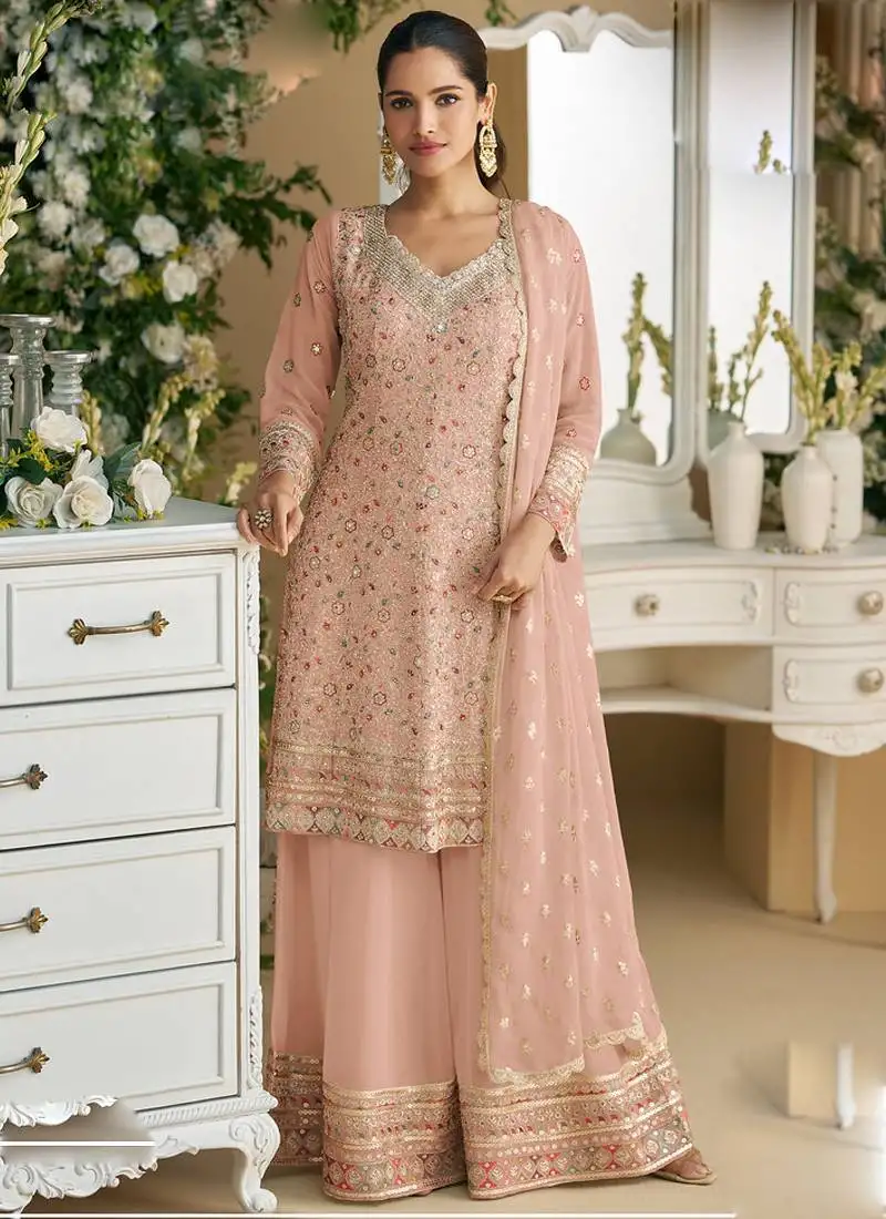 Light peach georgette embroidered designer palazzo suit semi stitched