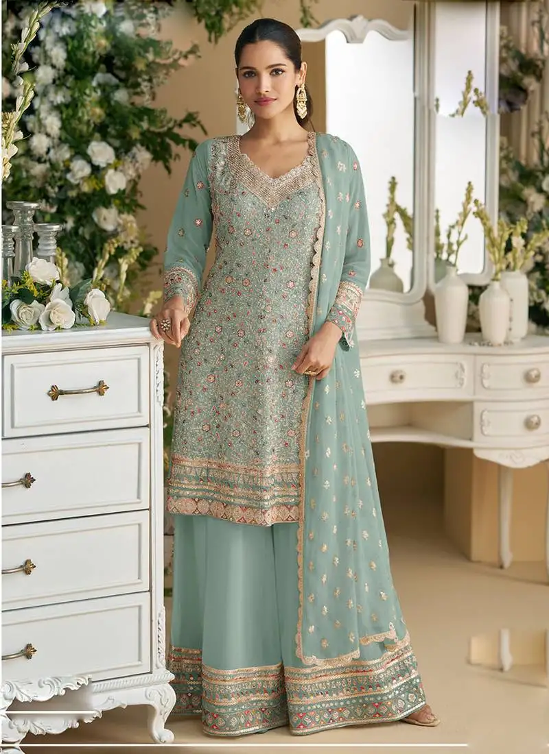 Sea green georgette embroidered designer palazzo suit semi stitched