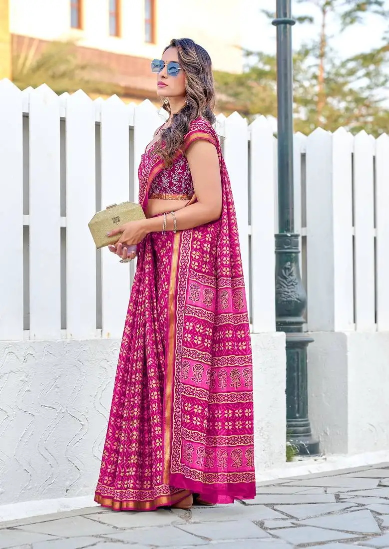 Pink mulmul cotton printed zari border saree with unstitched printed blouse piece