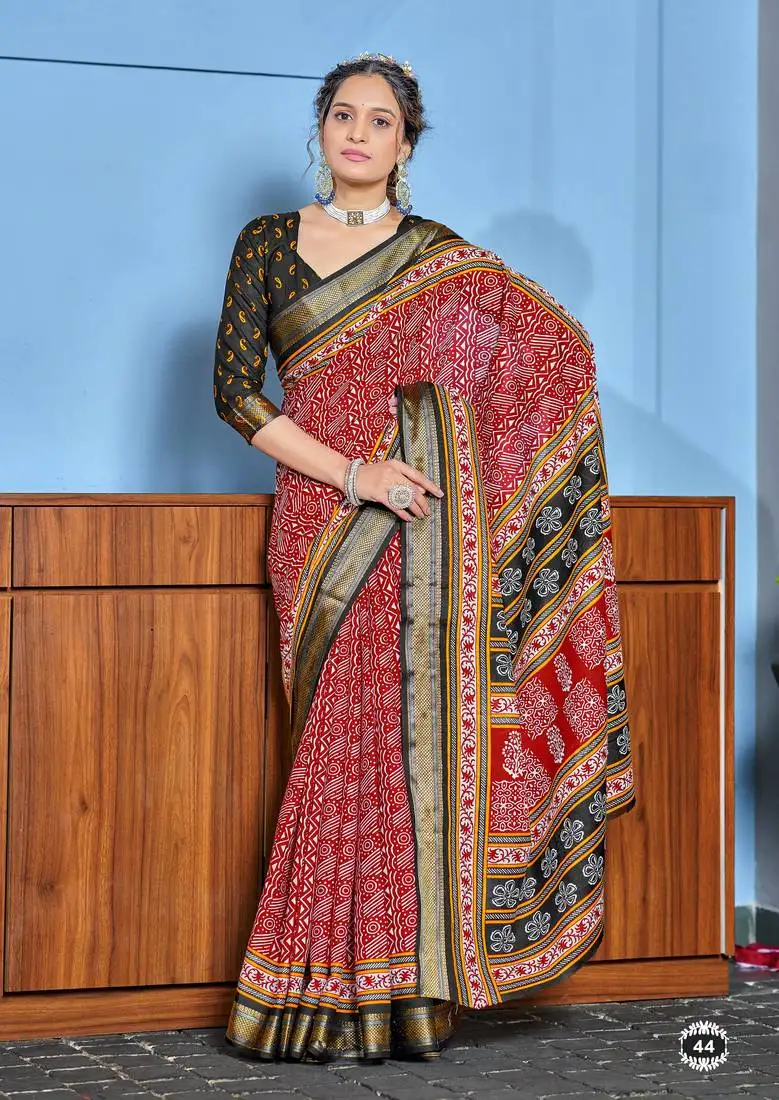 Red cotton ajrakh print saree with contrast blouse piece