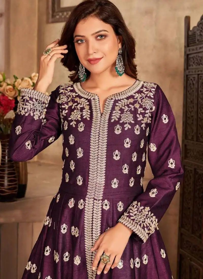 Wine art silk embroidered pakistani style suit semi stitched