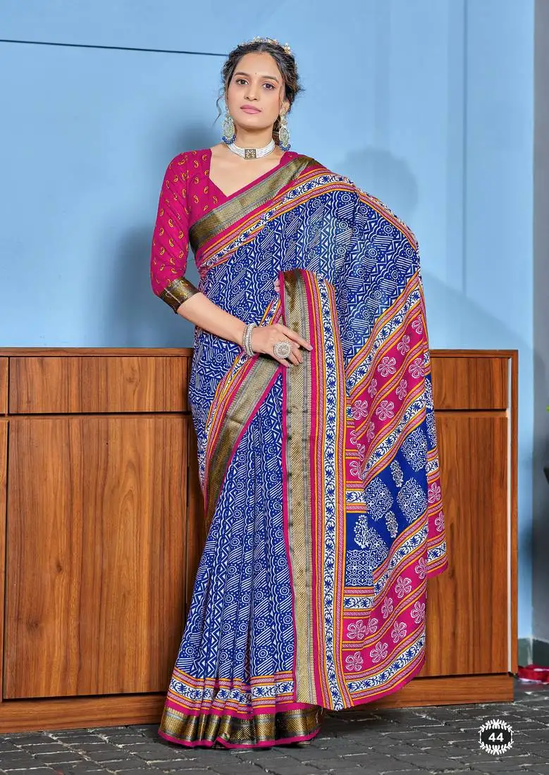 Blue cotton ajrakh print saree with contrast blouse piece