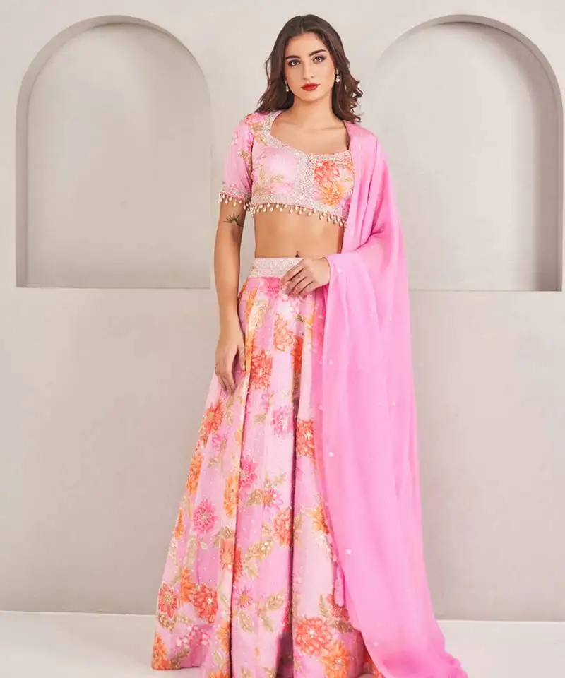 Lavender floral printed embellished organza lehenga set