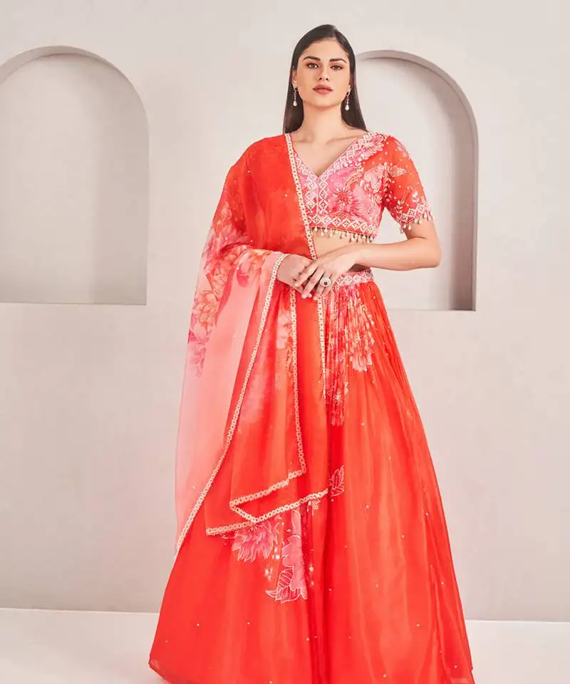 Corel floral printed embellished organza lehenga set