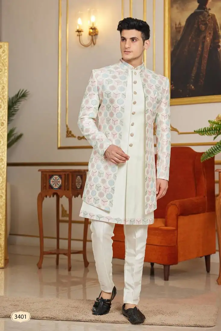 Off white 3 piece indo western with computer thread work on art silk and faux satin for mens