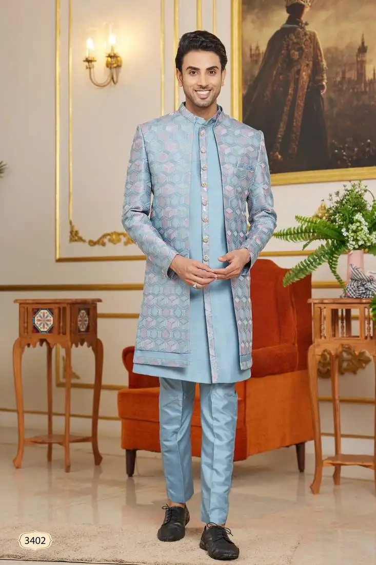 Blue 3 piece indo western with computer thread work art silk and faux satin for mens