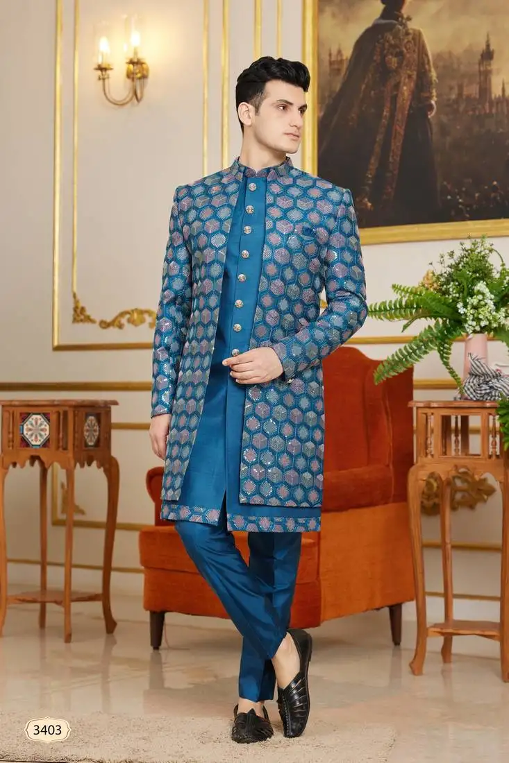 Blue 3 piece indo western with computer thread work on art silk and faux satin for mens