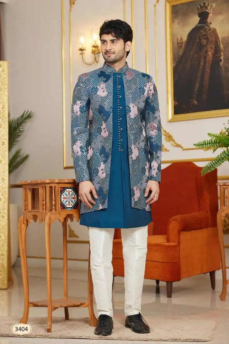 Blue 3 piece indo western with computer thread work on art silk for mens