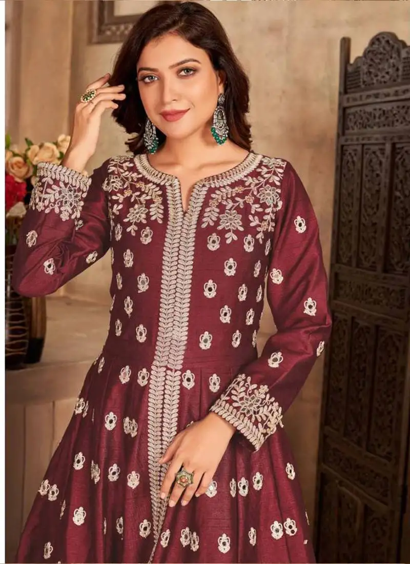 Maroon art silk embroidered pakistani style suit semi stitched