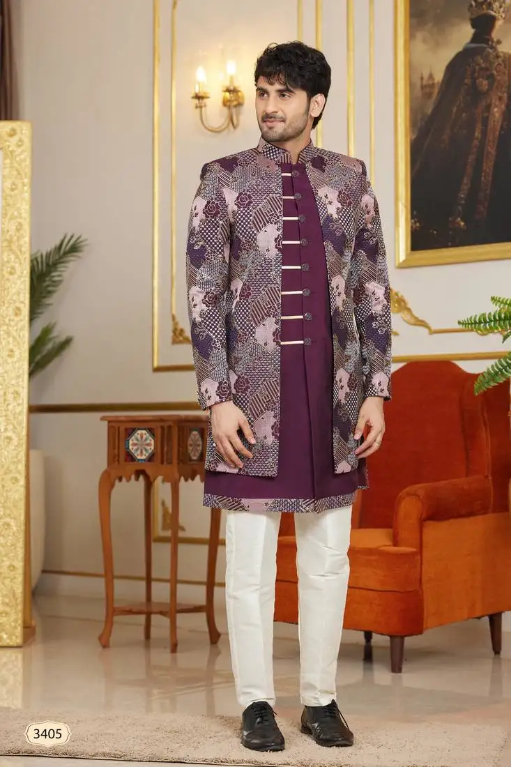 Wine 3 piece indo western with computer thread work on art silk and faux satin for mens