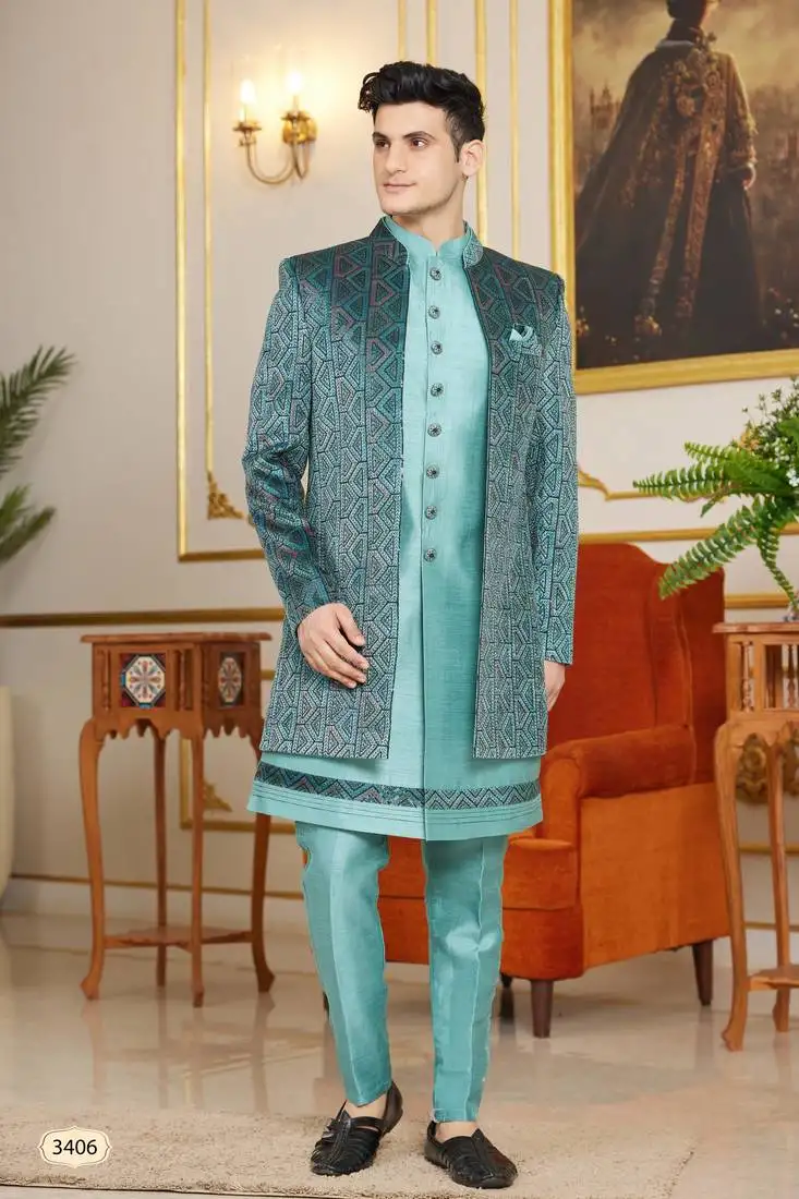 Teal green 3 piece indo western with computer thread work on velvet and faux satin for mens
