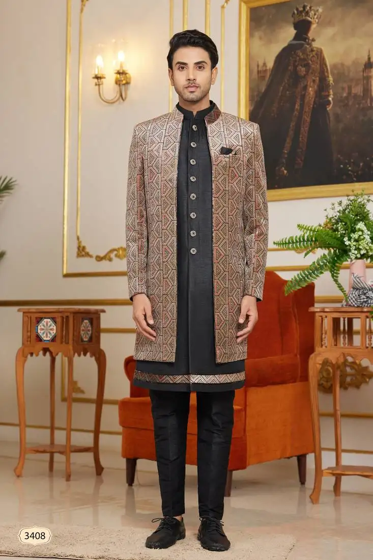 Brown computer thread work on velvet 3 piece indo western with faux satin for mens