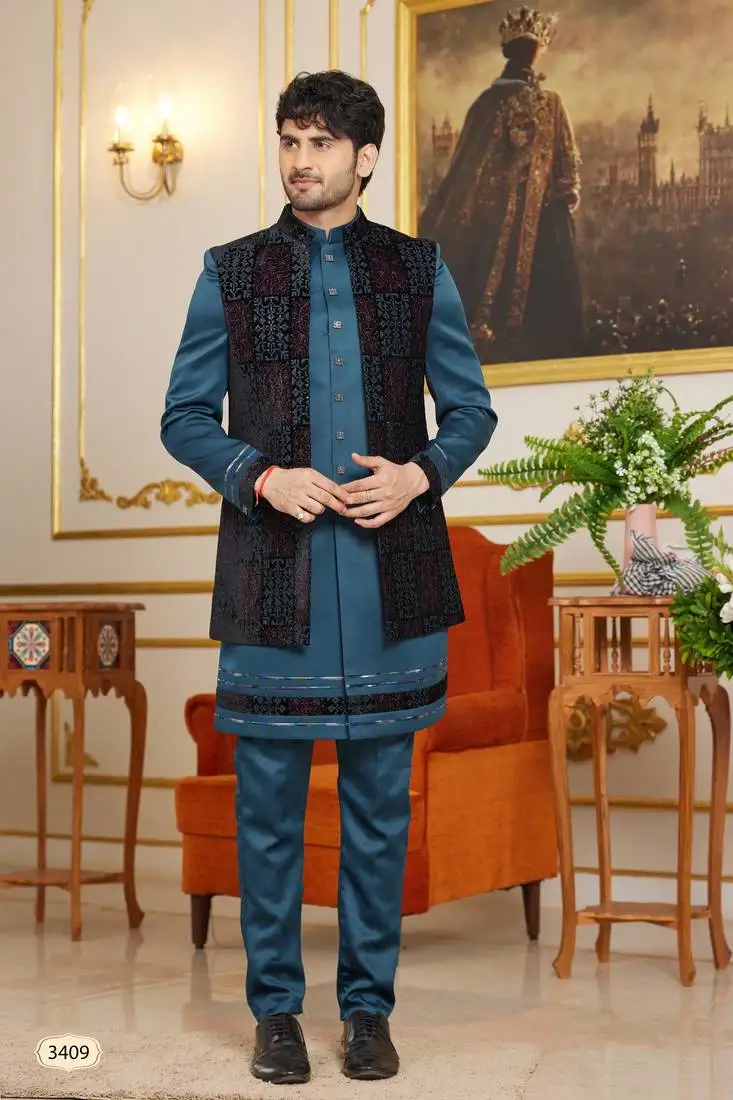 Blue computer thread work on velvet 3 piece indo western with faux satin for mens