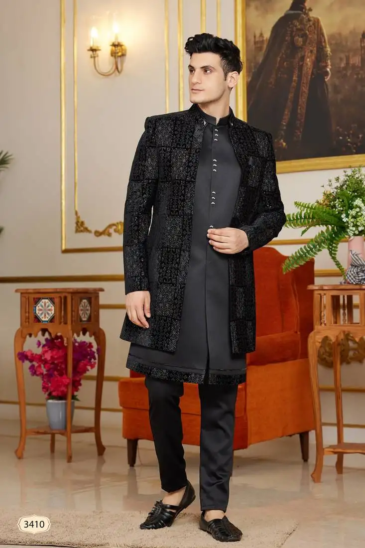 Black computer thread work on velvet 3 piece indo western with faux satin for mens