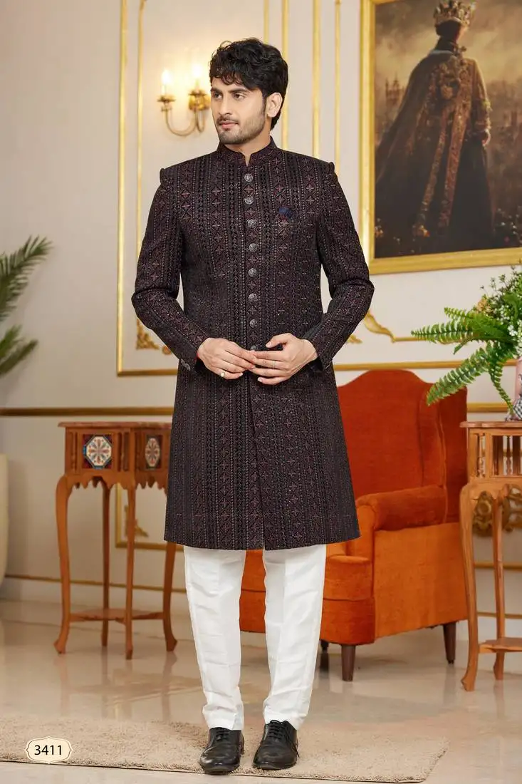 Brown computer thread work on velvet sherwani with faux satin for mens