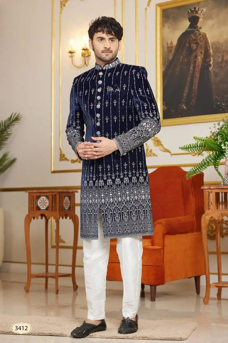 Blue computer thread work on velvet sherwani with faux satin pajama for mens