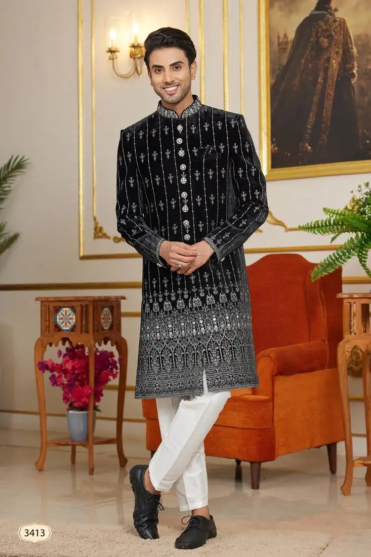 Black indo-western sherwani for men with silver thread embroidery