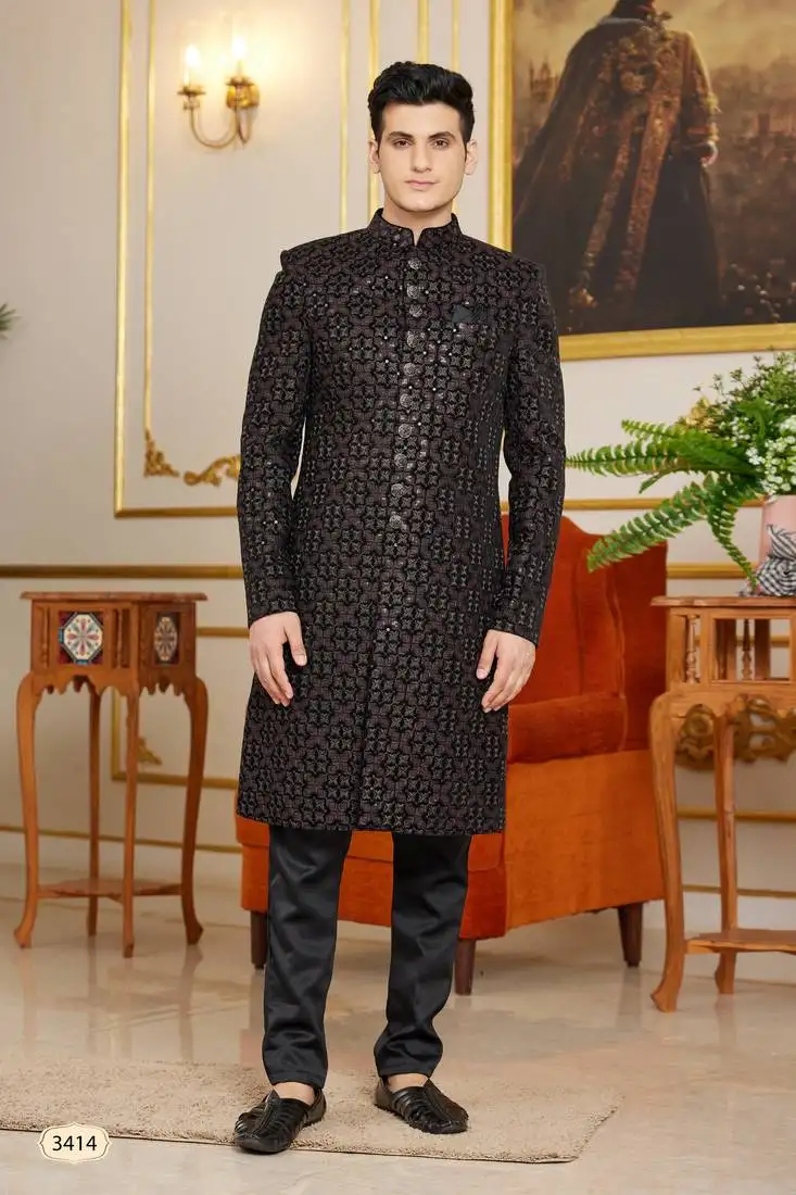 Black computer thread work on velvet sherwani with faux satin pajama for mens