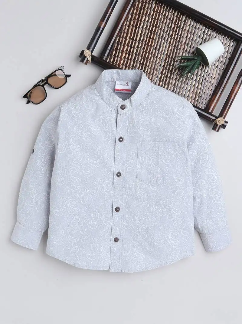 Aqua cotton full sleeves tropical print mandarin collar shirt for boys