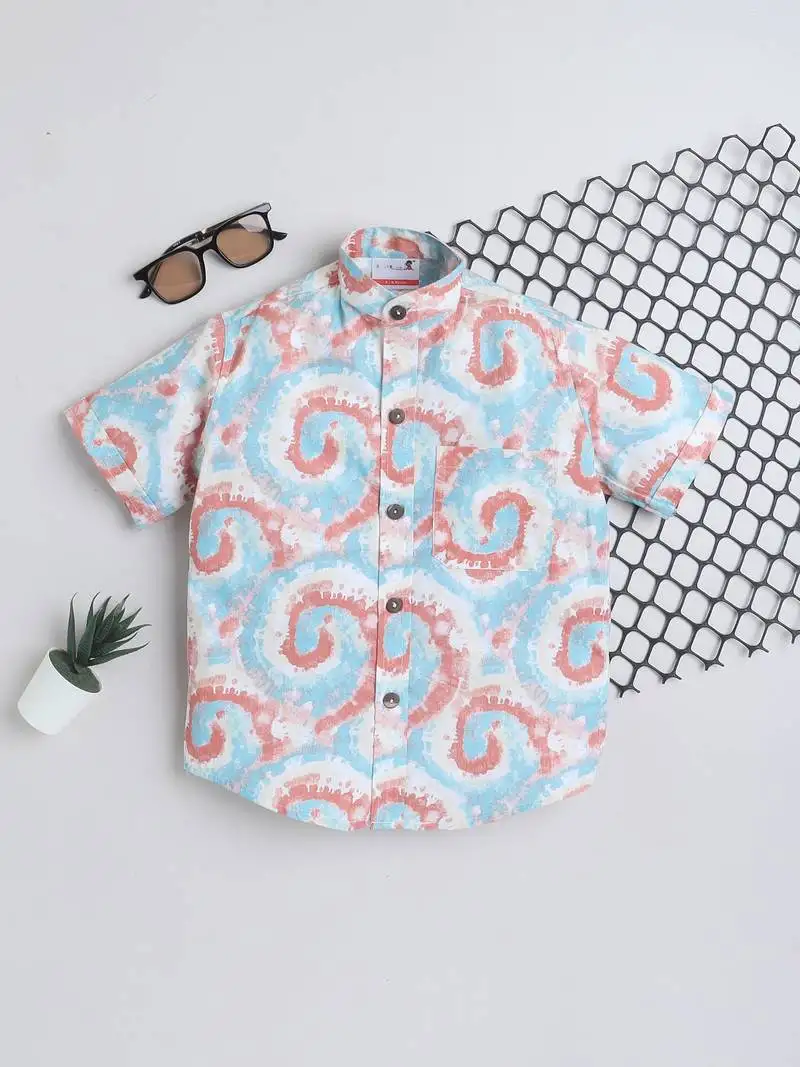 Multicolour cotton half sleeves swirl printed mandarin collar shirt for girls and boys