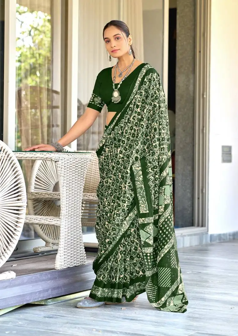 Green soft cotton hand block batik print saree with matching blouse piece-ready to wear