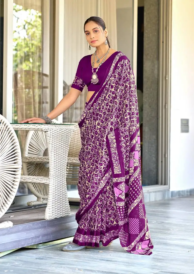 Purple soft cotton hand block batik print saree with matching blouse piece-ready to wear